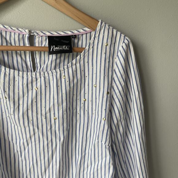 Nanette Lepore Front Tie Gold Embellished Blue White Stripe Blouse Womens Small - Picture 10 of 10